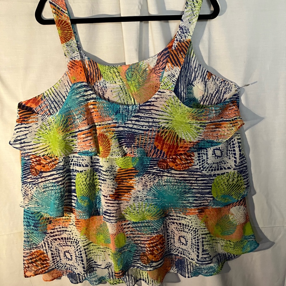 Lane Bryant Sleeveless Chiffon Ruffled Top Vivid Hawaiian Tropical Sequin SZ 26W